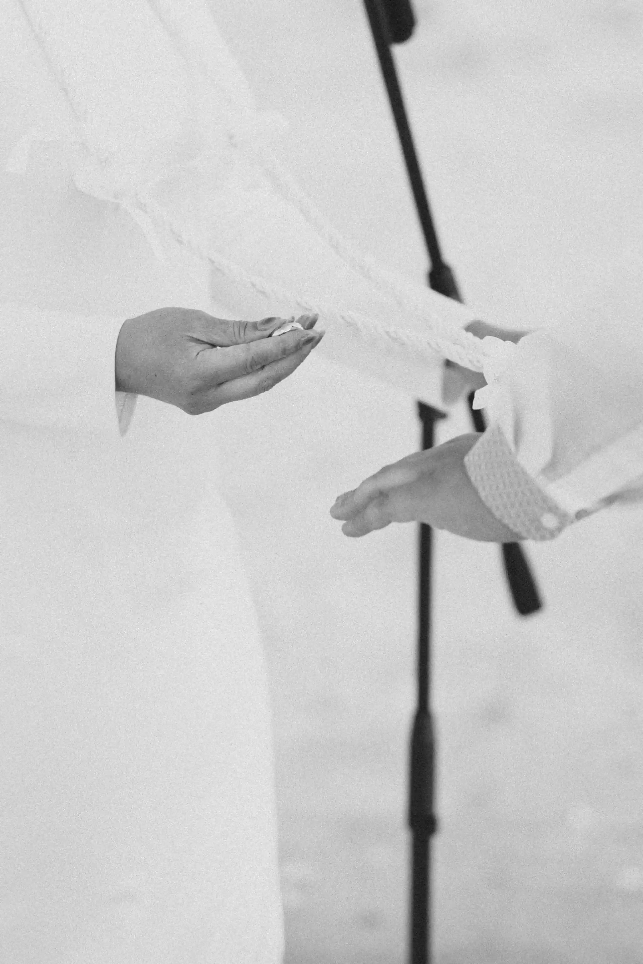 Someone wearing a white and navy windbreaker jacket with light jeans stands in a grassy field holding an electric scooter.